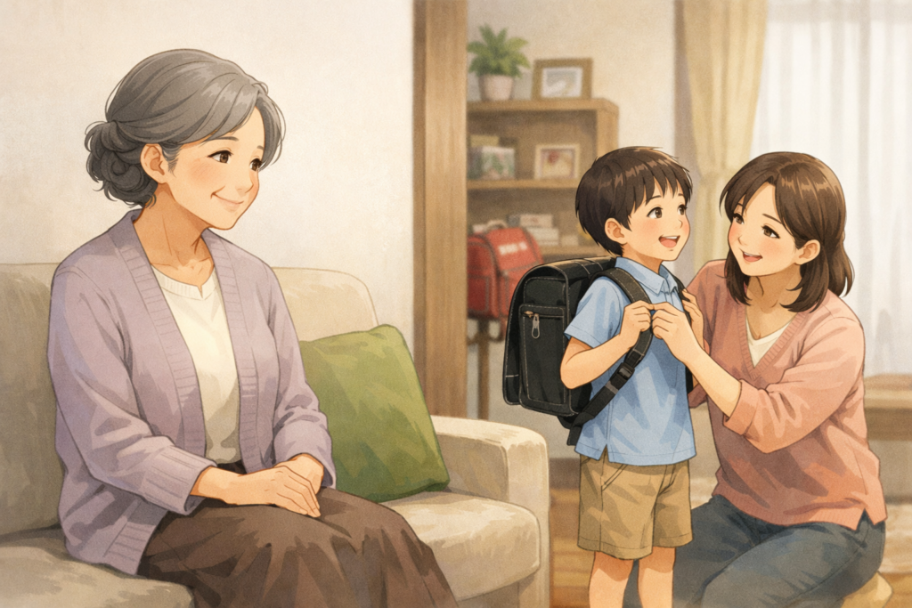 ランドセル選びで祖母が控えめに見ている