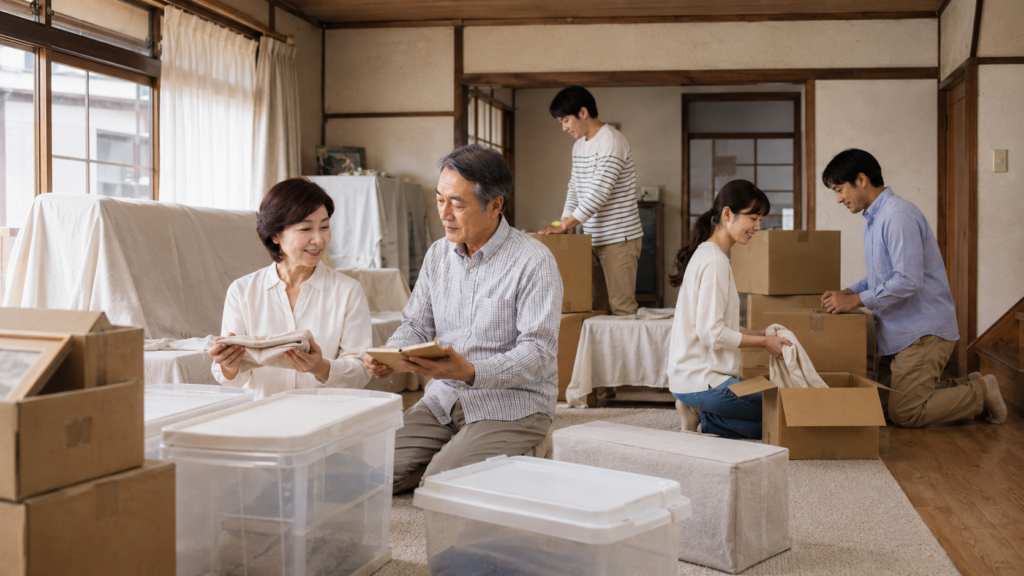 建て替え中の仮住まいに向けて家族で荷物を整理する様子