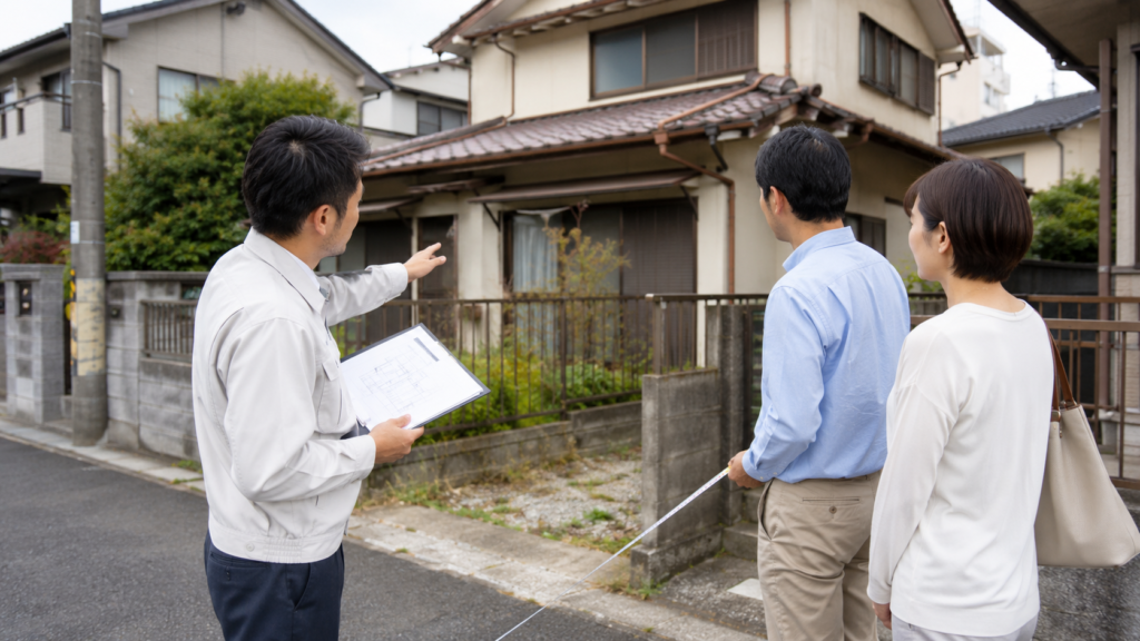 家の建て替え前に古い住宅の接道や敷地条件を確認する担当者と日本人夫婦