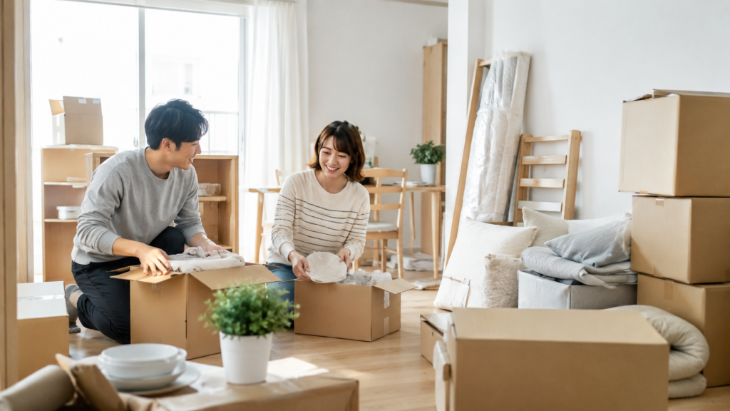 家の建て替え中の仮住まいへ移るため、段ボール箱に荷物を詰める日本人夫婦