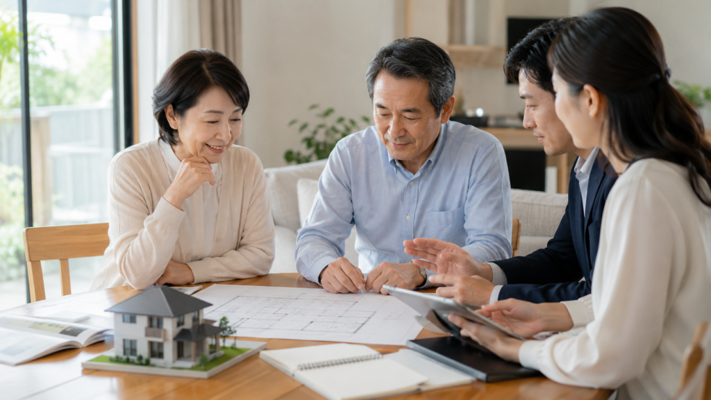 家の建て替えに向けて住宅模型と図面を囲み、担当者と計画を相談する日本人家族