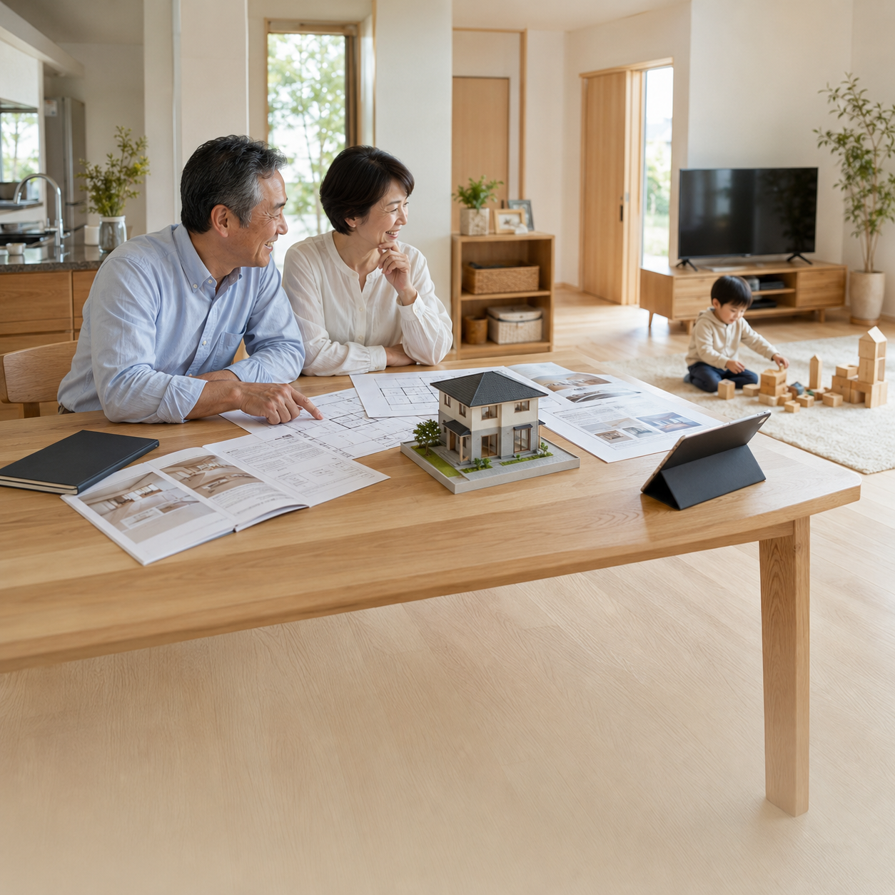 住宅模型と間取り図を見ながら実家の建て替えを相談する日本人夫婦と、近くで遊ぶ孫