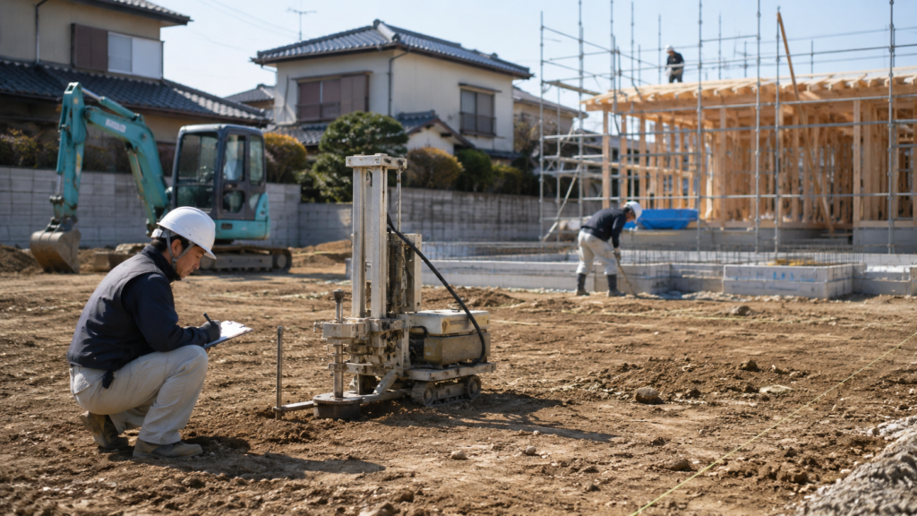 古い家の解体後の土地で地盤調査を行い、新築住宅の基礎工事を進める建設現場