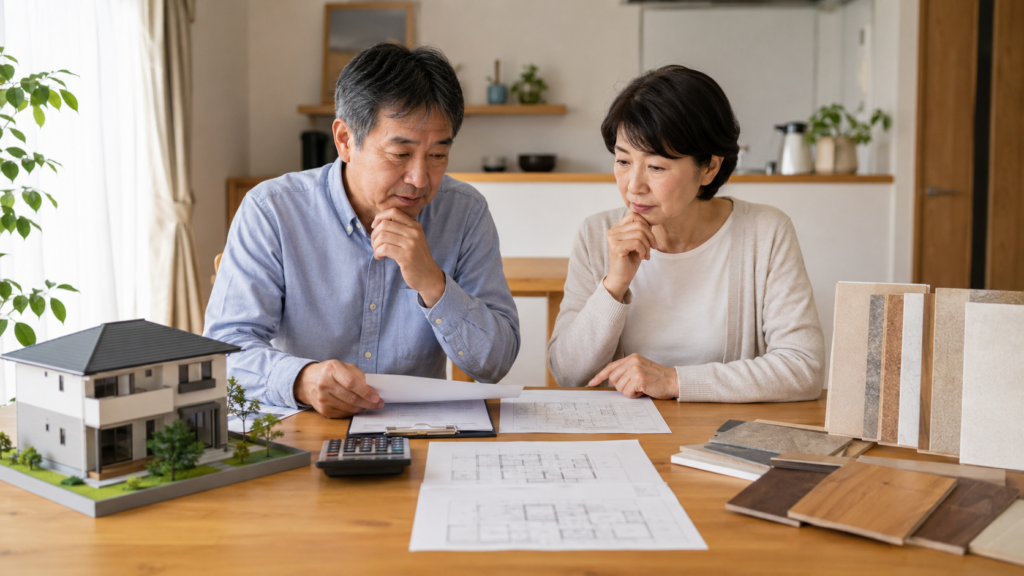 建て替えとリフォームの見積資料を比較する日本人夫婦