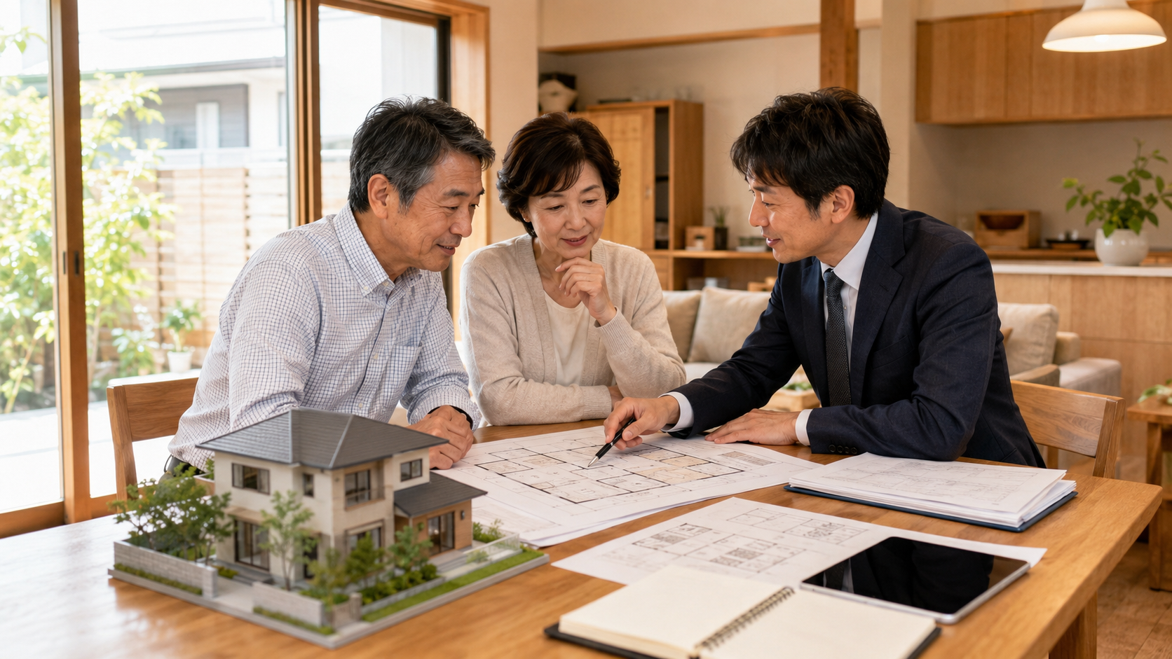 住宅模型と間取り図を囲み、担当者と家の建て替え計画を相談する日本人夫婦