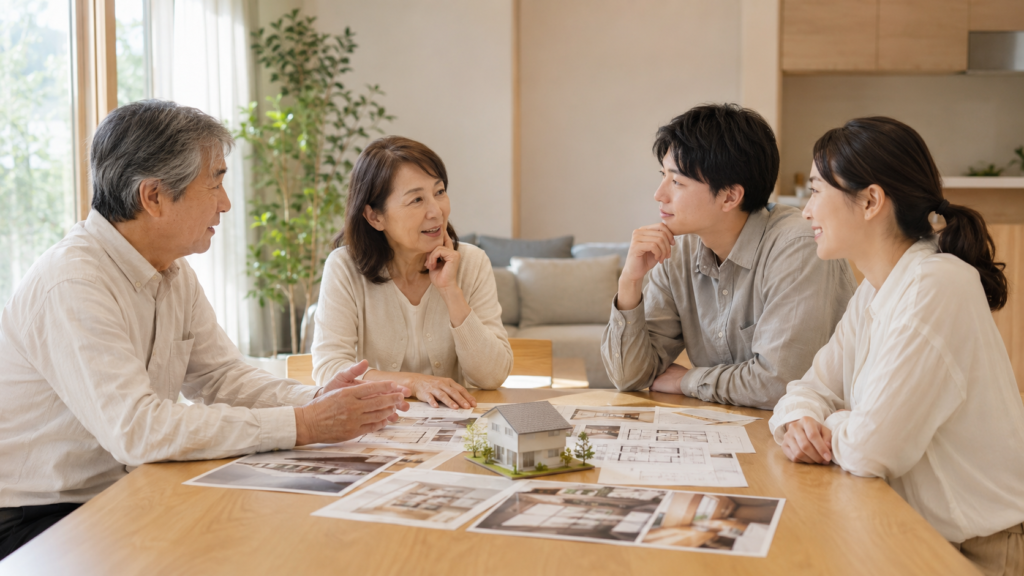将来の住まいの引き継ぎについて話し合う親世代と子ども世代