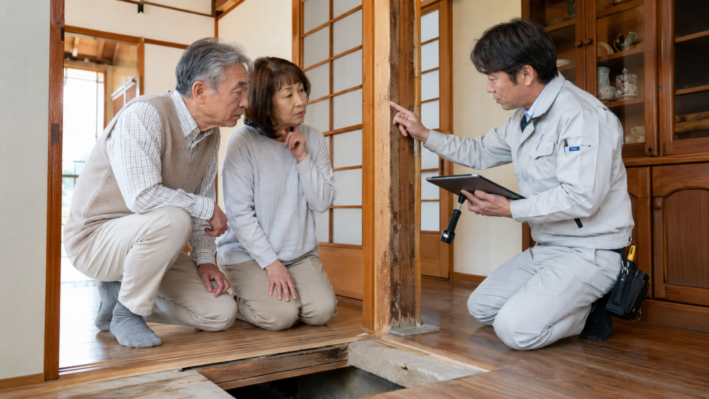 築年数が経過した住宅の耐震性を専門家に確認する日本人夫婦